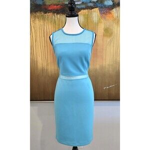 Calvin Klein Dress Womens 10 Blue Sheath Sleeveless Illusion Mesh Panel Back Zip